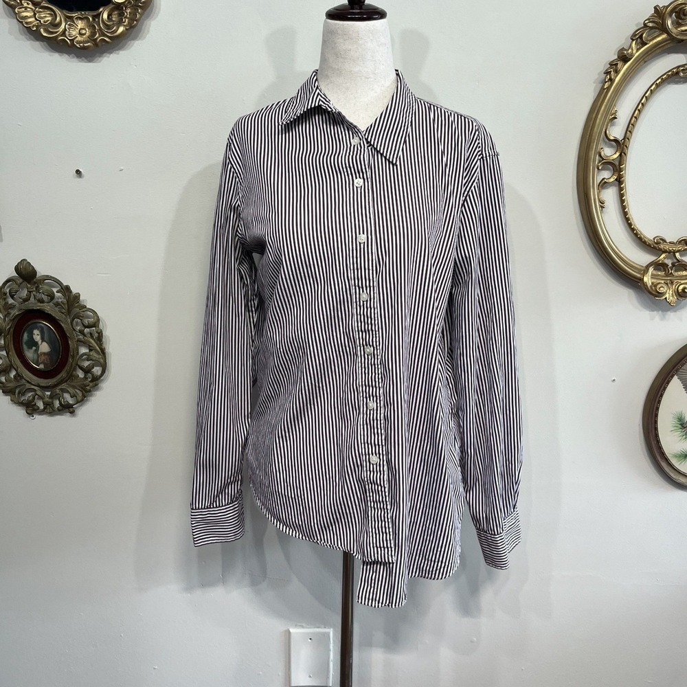 Lauren Ralph Lauren Burgundy White Striped Button Down Shirt Womens Large L